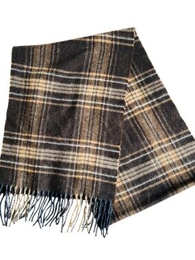 100% Cashmere Scarf Plaid Tartan Brown Cream Check Soft 11 1/2" x 69" Made Italy